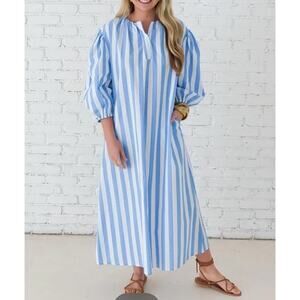 Caryn Lawn Cabana Maxi Dress One Size Blue White Striped Cotton Coastal Beach